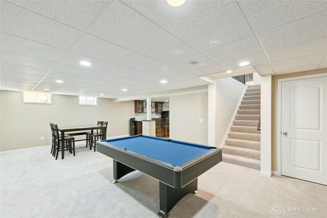 playroom featuring recessed lighting, pool table, carpet flooring, and a paneled ceiling