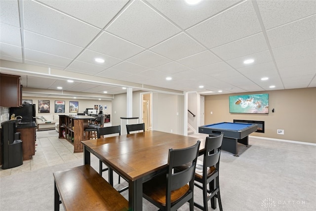 dining area featuring recessed lighting, pool table, stairway, a drop ceiling, and baseboards