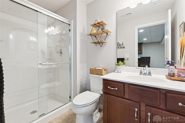 bathroom with a stall shower, visible vents, toilet, and ensuite bathroom