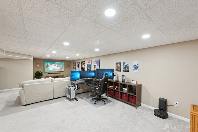 home office featuring recessed lighting, carpet flooring, and baseboards