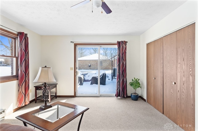 sitting room featuring a wealth of natural light, light carpet, and a textured ceiling