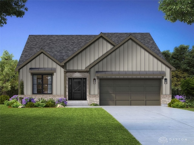 modern farmhouse style home featuring a garage, roof with shingles, a front lawn, and board and batten siding