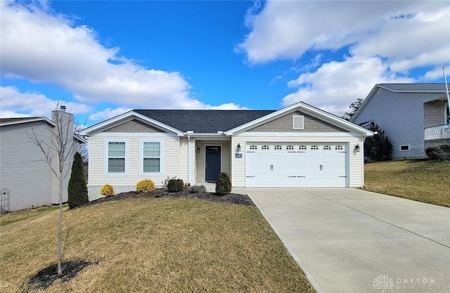 single story home with a garage, concrete driveway, and a front yard