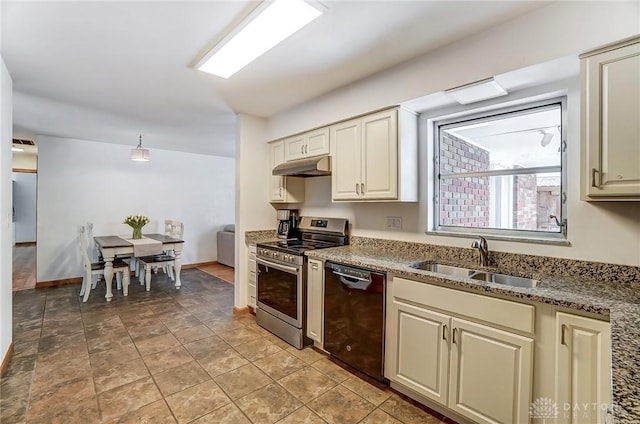 kitchen with black dishwasher, cream cabinetry, stainless steel range with electric cooktop, under cabinet range hood, and a sink