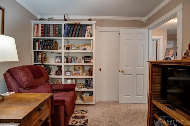 living area featuring carpet flooring and ornamental molding