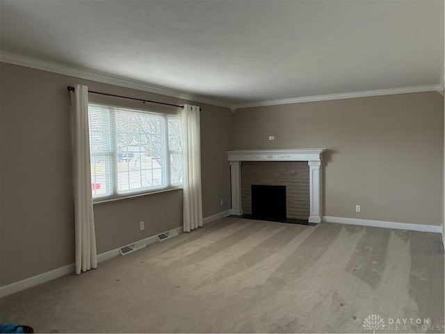 unfurnished living room with light carpet, visible vents, a fireplace, and baseboards