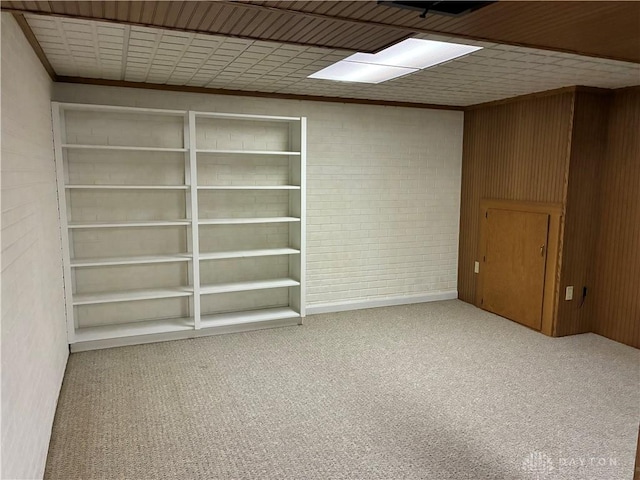 spare room featuring wooden walls, brick wall, and carpet floors