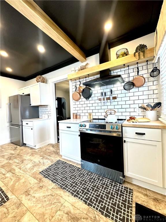 kitchen featuring light countertops, open shelves, stainless steel appliances, backsplash, and white cabinets