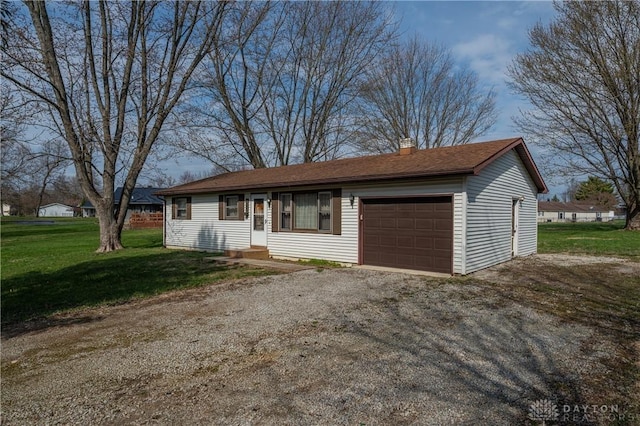 ranch-style house with entry steps, dirt driveway, a chimney, a garage, and a front lawn