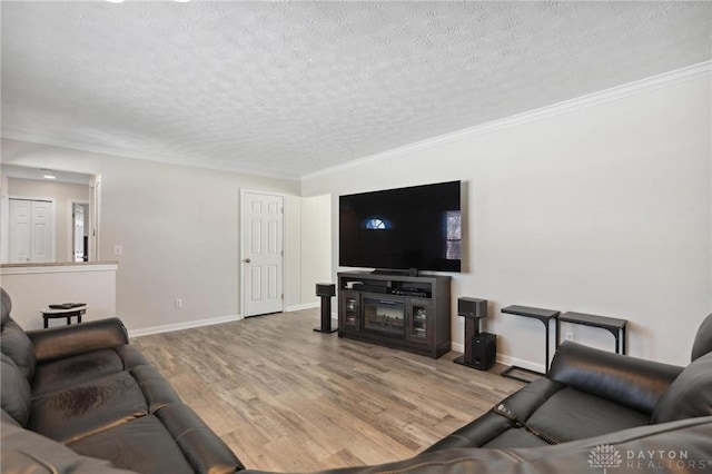 living area with a textured ceiling, ornamental molding, light wood-type flooring, and baseboards