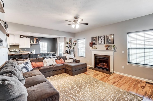 living area featuring a wealth of natural light, light wood-type flooring, visible vents, and a fireplace