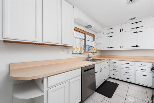 kitchen featuring a sink, white cabinets, light countertops, dishwasher, and open shelves