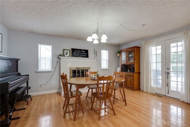 dining room with a glass covered fireplace, a healthy amount of sunlight, and light wood finished floors