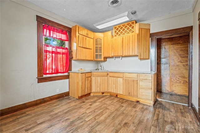 310 E Maple Ave, Miamisburg, OH 45342 - kitchen with wood finished floors, light countertops, baseboards, a sink, and glass insert cabinets