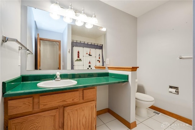bathroom featuring tile patterned flooring, visible vents, vanity, toilet, and baseboards