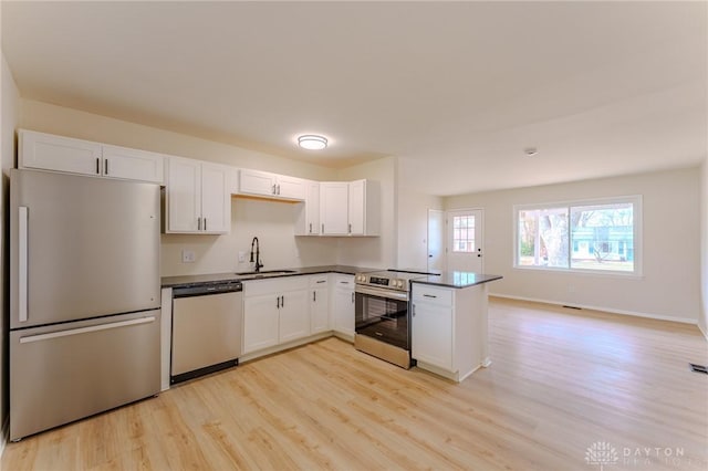 kitchen featuring stainless steel appliances, dark countertops, a sink, and white cabinets