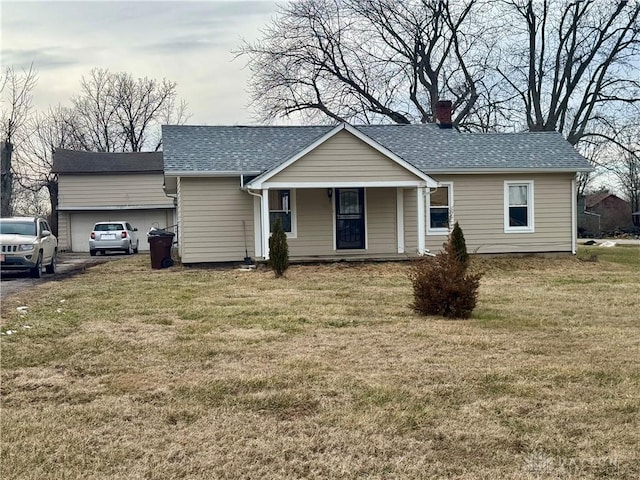 single story home featuring a porch, a front yard, roof with shingles, and a chimney