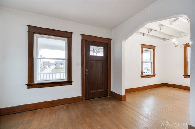 foyer with plenty of natural light, baseboards, and wood finished floors