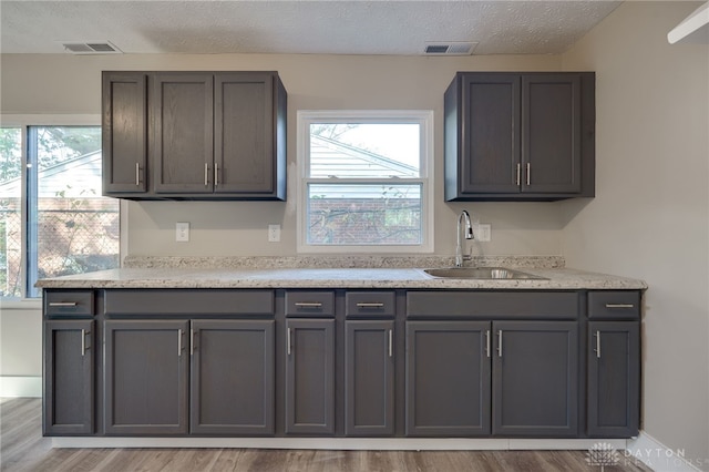 kitchen featuring light wood-style flooring, visible vents, light countertops, and a sink