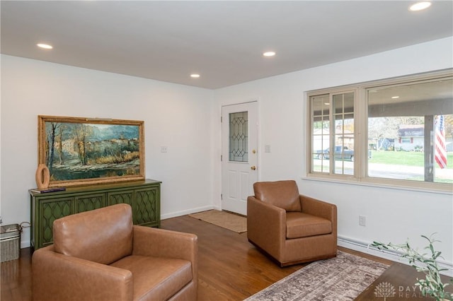 sitting room featuring baseboards, wood finished floors, and recessed lighting