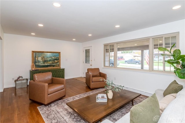 living room featuring baseboards, wood finished floors, and recessed lighting