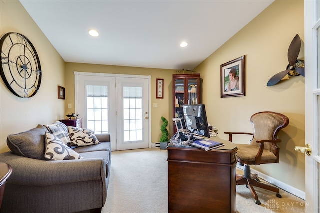 office area featuring recessed lighting, baseboards, vaulted ceiling, and light colored carpet