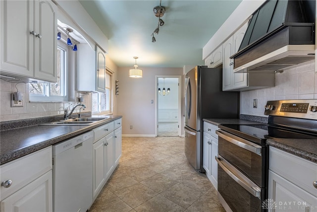 kitchen featuring dark countertops, white dishwasher, custom exhaust hood, and double oven range