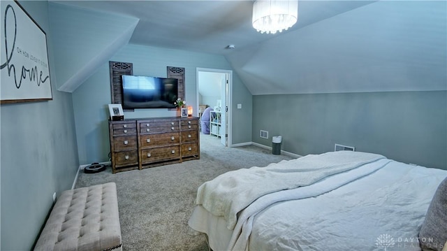 bedroom featuring carpet flooring, vaulted ceiling, and baseboards