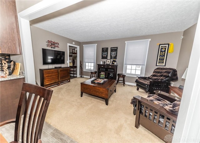 living room with baseboards, a textured ceiling, and light colored carpet