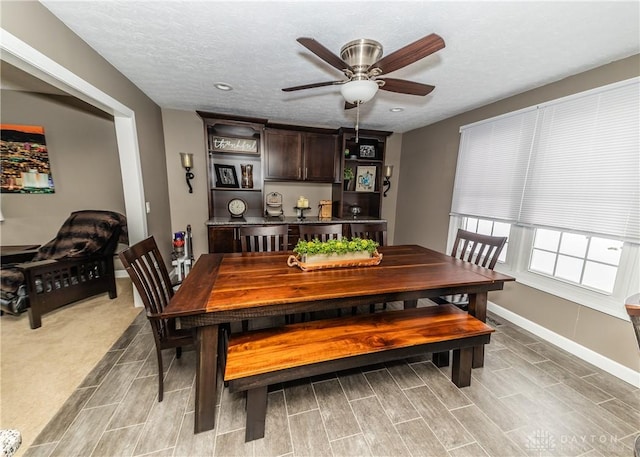 dining area with ceiling fan, baseboards, and a textured ceiling