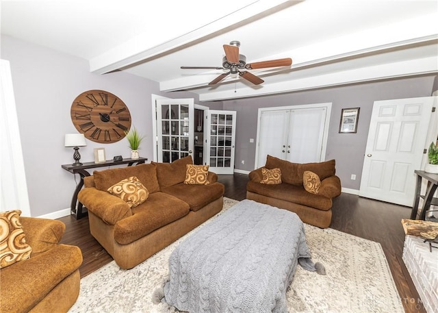 living area with french doors, baseboards, beam ceiling, and wood finished floors