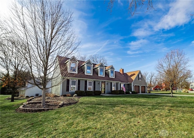 cape cod home featuring a garage and a front yard