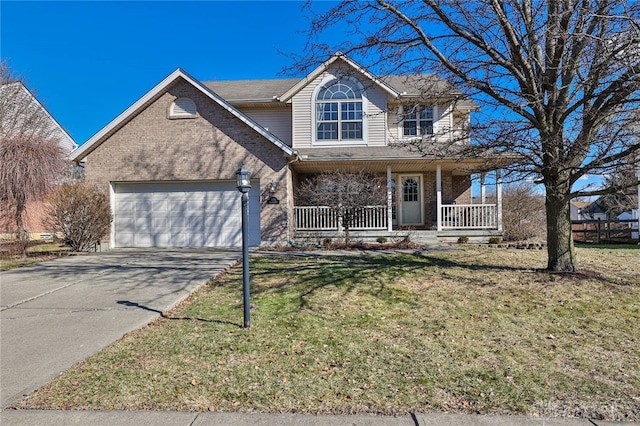 view of front of property with a garage, covered porch, brick siding, and driveway