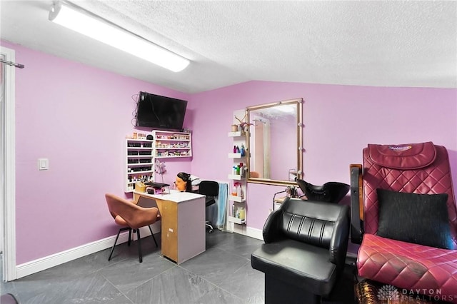 office space with lofted ceiling, a textured ceiling, and baseboards