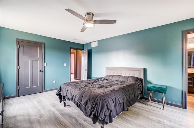 bedroom with visible vents, connected bathroom, ceiling fan, light wood-type flooring, and baseboards