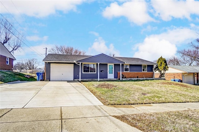 single story home featuring a garage, a front yard, concrete driveway, and brick siding