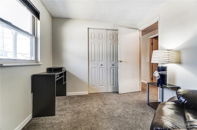 interior space featuring a closet, carpet, and baseboards