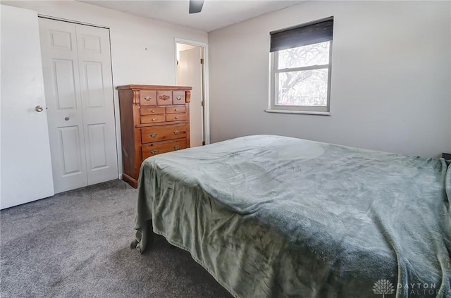 carpeted bedroom featuring ceiling fan and a closet