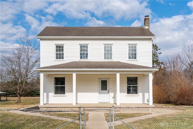 view of front facade with a fenced front yard, roof with shingles, a chimney, covered porch, and a gate