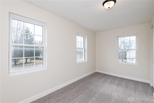 unfurnished room featuring plenty of natural light, carpet, and baseboards