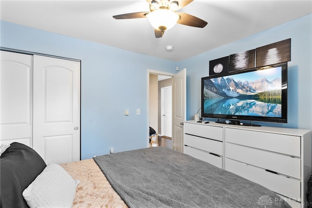 bedroom featuring a closet and ceiling fan