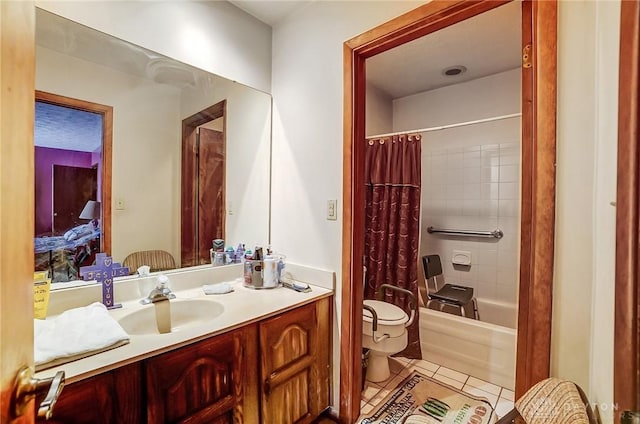 ensuite bathroom featuring toilet, vanity, tile patterned floors, ensuite bath, and shower / bathtub combination with curtain