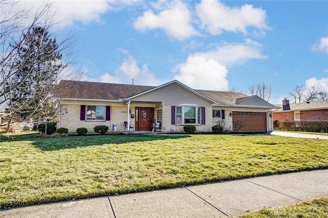 ranch-style house with a garage, concrete driveway, brick siding, and a front lawn