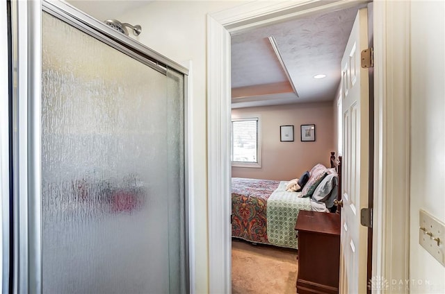 bedroom with carpet and a raised ceiling