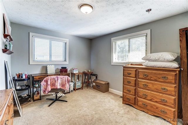 home office with a textured ceiling, baseboards, and light colored carpet