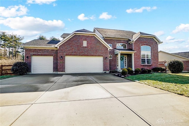 traditional-style house with a garage, a front yard, concrete driveway, and brick siding