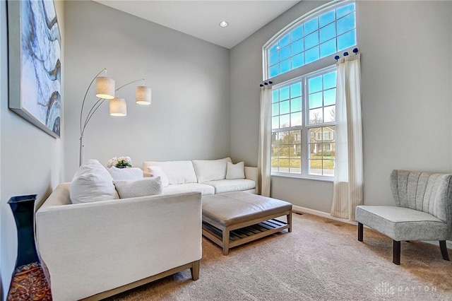 carpeted living area featuring baseboards