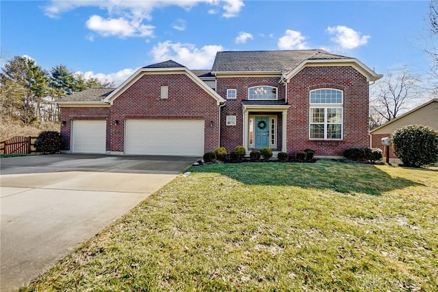 traditional-style house with brick siding, concrete driveway, a front yard, fence, and a garage