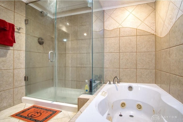 full bathroom with a jetted tub, a stall shower, and ornamental molding