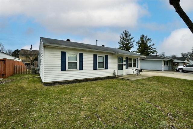 single story home featuring a front lawn, a patio area, and fence